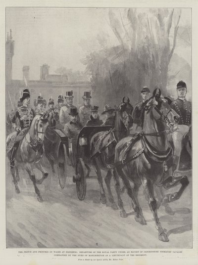 Der Prinz und die Prinzessin von Wales in Blenheim, Abfahrt der königlichen Gesellschaft unter einer Eskorte der Oxfordshire Yeomanry Kavallerie, kommandiert vom Herzog von Marlborough als Leutnant des Regiments von Melton Prior